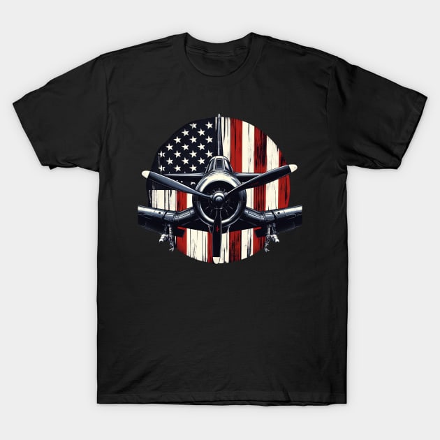 F4U Corsair WW2 airplane US Flag WWII Warbird T-Shirt by Storeology